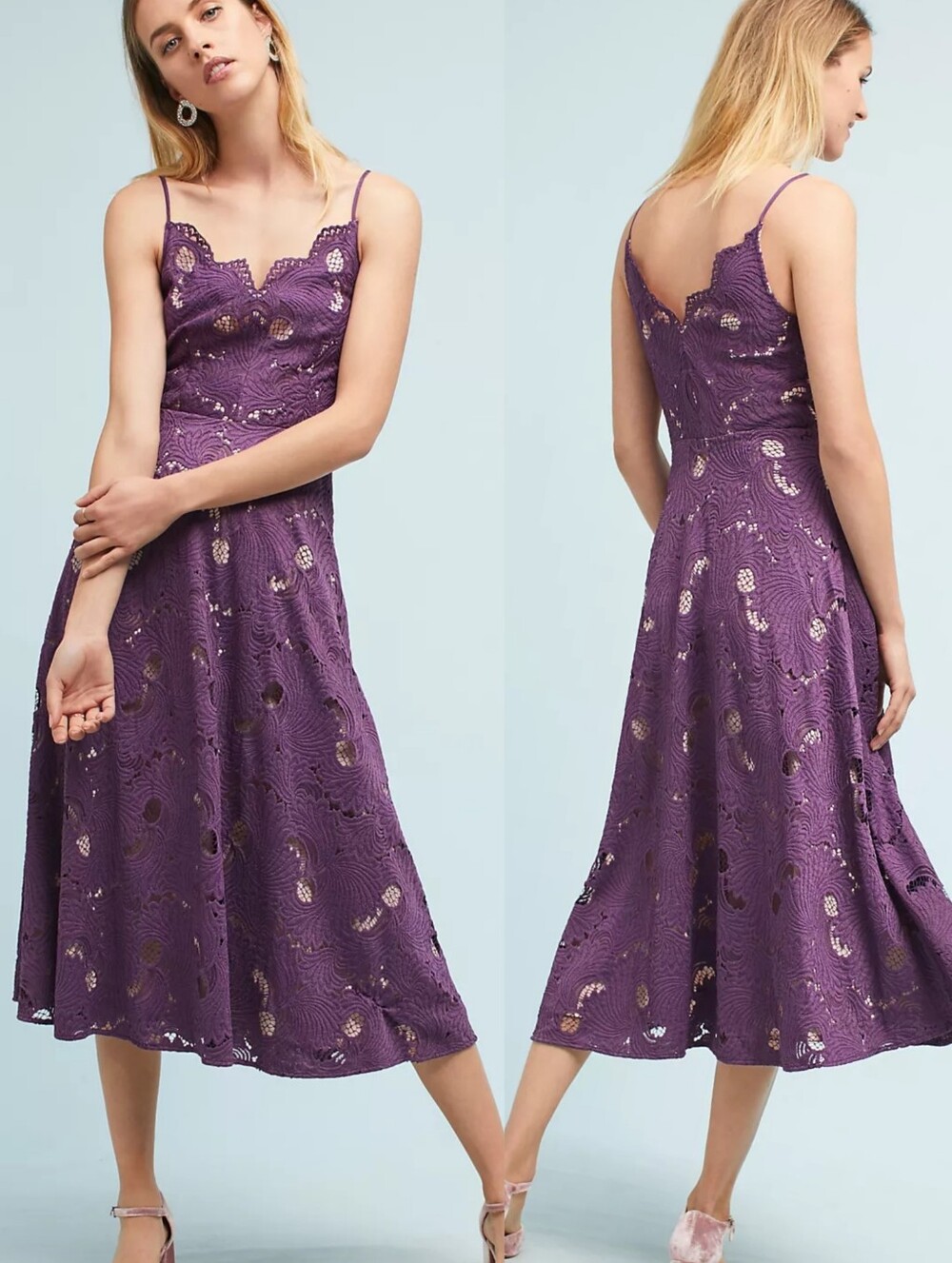 Anthropologie Moulinette Souers Scalloped Lace Midi Dress Purple Size 6
